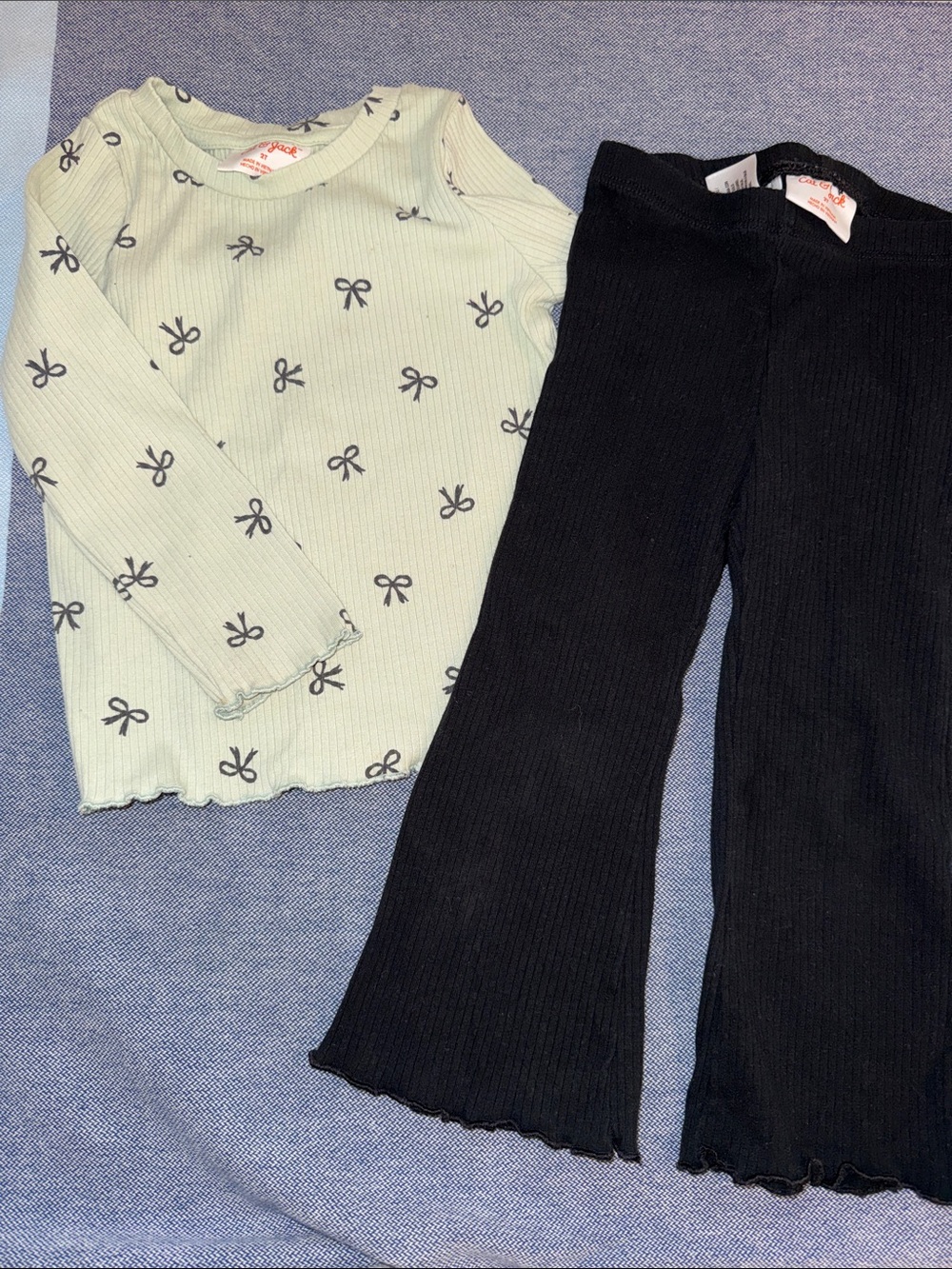 Carter's Mint Green Ribbed Long-Sleeve Top with Black Bow Print